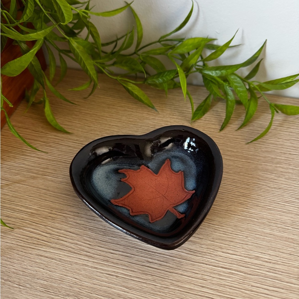 Heart-Shaped Blue and Red Leaf Art Pottery Dish